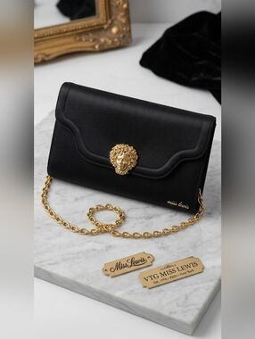VTG Miss Lewis Black Satin Evening Clutch with Ornate Gold Face Medallion